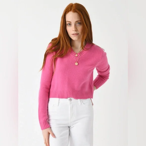 ORGANIC by John Patrick crop pullover V-neck cashmere sweater medium Minnie - Picture 2 of 8